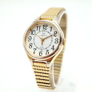 Women's ViewPoint Gold Tone Watch 30mm White Dial Expansion Band w New Battery